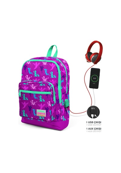 Coral High Okul Çantası Ve Beslenme Çantası Seti - Kız Çocuk Mor Peri - Usb Soketli
