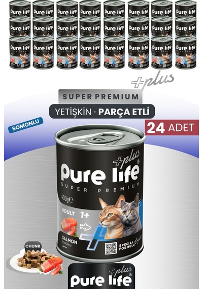 Purelife Plus 24'lü Somonlu Yetişkin Konserve Chunk Parça Etli Yaş Mama 400 G