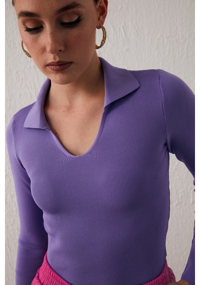 Sateen Polo Yaka Triko - Lila-132055 Lila