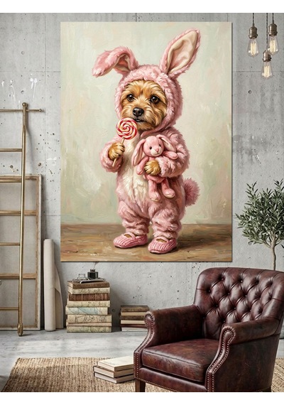 Pembe Tavşan Kostümlü Köpek Şeker Dekoratif Kanvas - Mdf Ahşap Tablo Çok Renkli