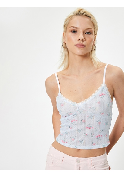 Koton İnce Askılı Çiçekli Crop Atlet Dantel Detaylı Pembe Desenli 4sak10747ek