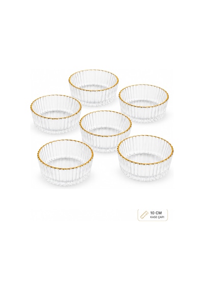 Porsima 13877 Vanes 6'lı Gold Yaldızlı Floren Cam Sunum Kasesi 10 Cm - Çerezlik & Reçellik Şeffaf