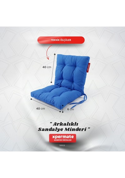 Pofuduk Arkalıklı Sandalye Minderi Bağcıklı Yıkanabilir Dekoratif Minder Mavi