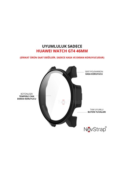 Novstrap Huawei Watch Gt4 46mm İle Uyumlu Ekran Koruyucu Cam Ve Kasa Koruyucu Kılıf Sert Pc