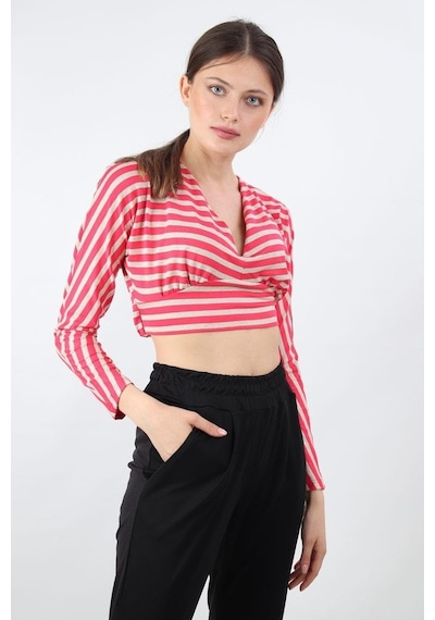 Alexander Gardi Alexandergardı Çizgili Crop Bluz, Bej-Pembe (B19-153401)