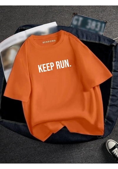 Oversıze Keep Run Baskılı Unısex Tisort Baskılı Turuncu