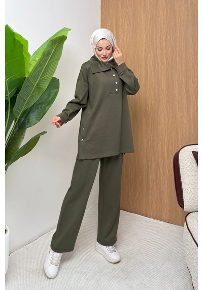 Mihran Butik Soho Elegance Yaka Detaylı Kadın Tesettür Alt Üst Takım Haki