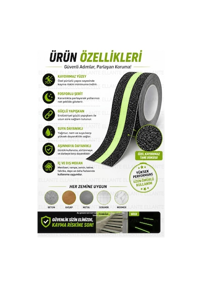 Fosforlu Kaydırmaz Merdiven Bandı 5 Metre 5 Cm Kendinden Yapışkanlı Kaymaz Zemin Güvenlik Bandı Gece