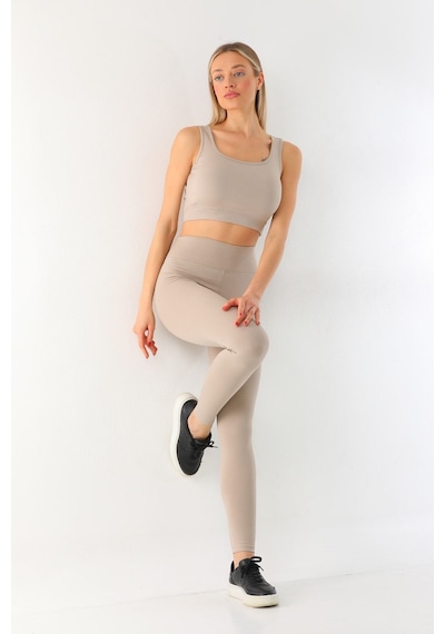 Kallima Bej Toparlayıcı Yüksek Bel Fitilli Spor Tayt-crop Takım