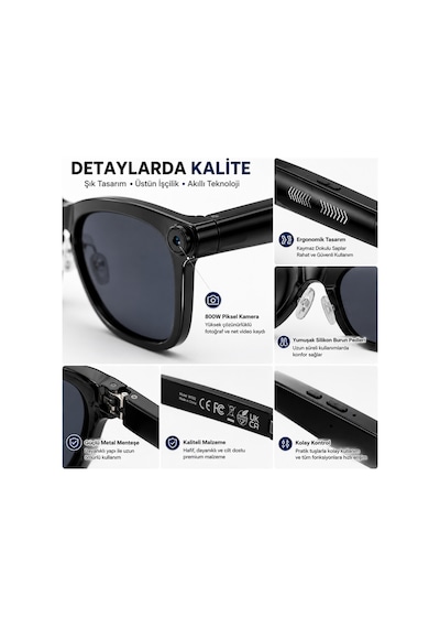 Yapay Zekâ Destekli Akıllı Gözlük Kamera, Video Ve Hd Ses Kayıtlı Bluetooth Smart Glasses