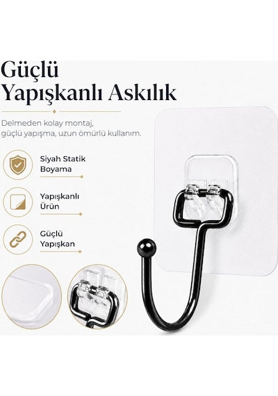 Alper Banyo Yapışkanlı Siyah Askılık, Şeffaf Tabanlı Kancalı Banyo Ve Mutfak Askısı, Delmeden Montajlı Metal Genel