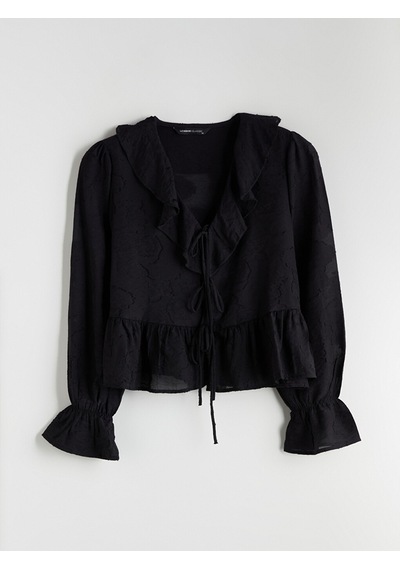 Lcwaıkıkı Classic Siyah V Yaka Desenli Fırfırlı Bluz