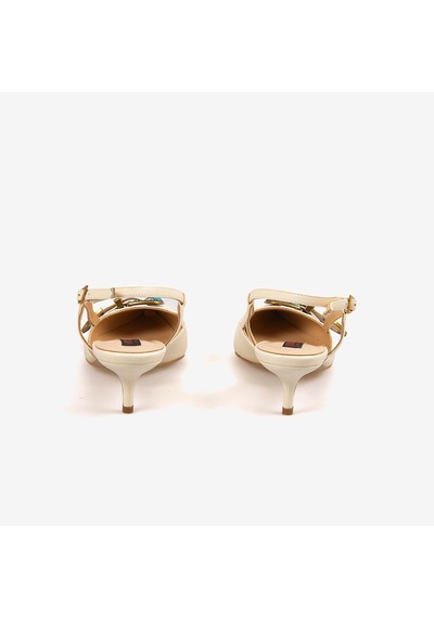 Rouge Kadın Taşlı Toka Detaylı Slingback Sivri Burun 6cm Topuklu Ayakkabı 7124 Bej