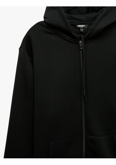 Koton Cepli Şardonlu Oversize Kapşonlu Fermuarlı Spor Sweatshirt Siyah 7wam70023nk