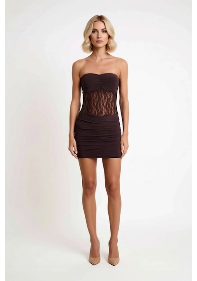 Benerly Kadın Straplez Dantelli Kısa Elbise Bodycon Kesim Astarlı Kolsuz Kahverengi
