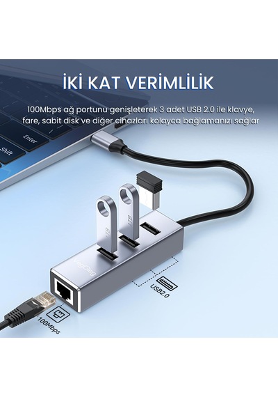 Lexroo Usb Type-c To 100mbps Ethernet Çevirici Ve 3 Portlu Usb Hub Çoklayıcı