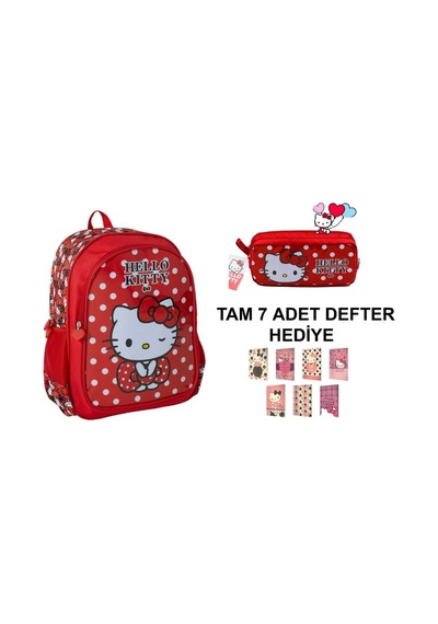 Hello Kıtty Okul Çantası Ve Kalem Çantası 7 Adet Defter Hediye Çok Renkli