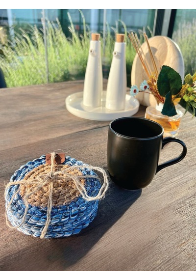 4 Adet Yuvarlak Bardak Altlığı- Leke Tutmaz- Naturel-mavi13x13 Cm Naturel