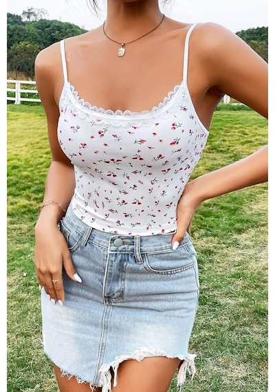 Bella Notte Retro Minimalist Desenli Crop Bluz Beyaz