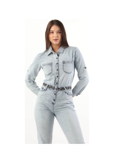 Kadın Etnik Desenli Kemerli Jean Tulum Açık Mavi
