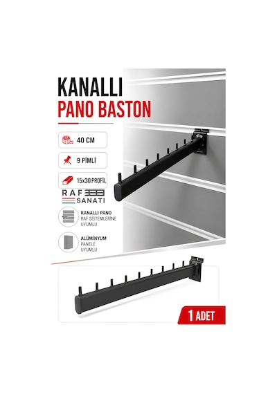 1 Adet - Kanallı Pano Baston Askılık 40 Cm Alüminyum Panel Uyumlu Mağaza Raf Askı Aparatı Siyah