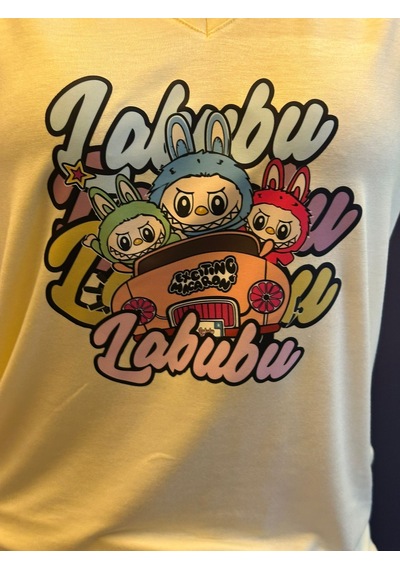 Labubu Baskılı Kadın V Yaka Sarı T-shırt Sarı