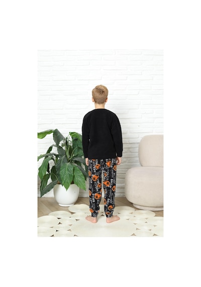 Yeni Stil Sonbahar/kış Erkek Çocuk Basketball Desenli Polar Pijama Takımı 4562 Siyah