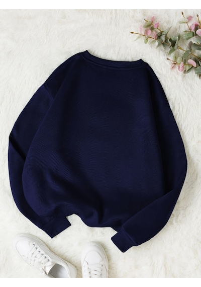 Startmore Lacivert Kadın Happy Daısy Özel Renkli Oversize Bisiklet Yaka Pamuklu
