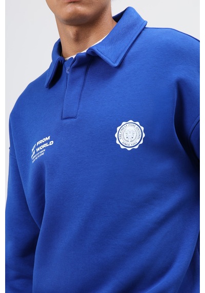 Vamos Polo Yaka Oversize Baskılı Yıkamalı Sweatshirt Saks Mavi