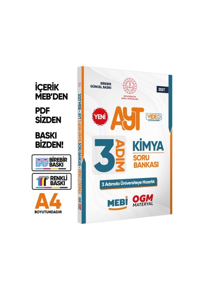 2027 Ayt Mebi-ogm 3 Adım Kimya Soru Bankası Renkli A4 Boyut Video Çözümlü Baskı Ücreti