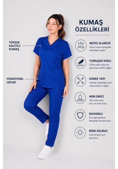 Üniforma Saks Mavi Hemşire Ve Doktor Forması Scrubs Takımı Likralı Alt Üst Üniforma Unisex Yarasa Kol Saks Mavisi