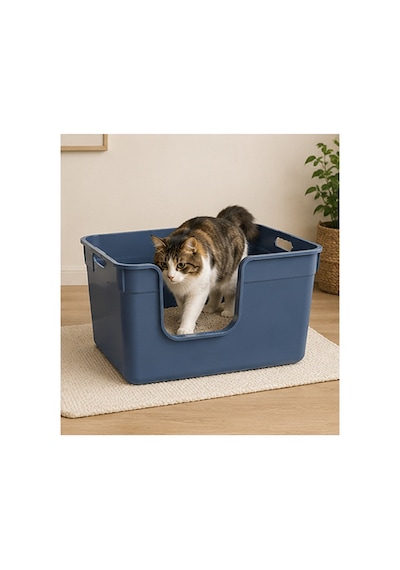 Pribor Yüksek Kenarlı Yarı Açık Kedi Tuvaleti, Geniş Ve Kolay Temizlenebilir 54 X 40 X 32 Cm Mavi