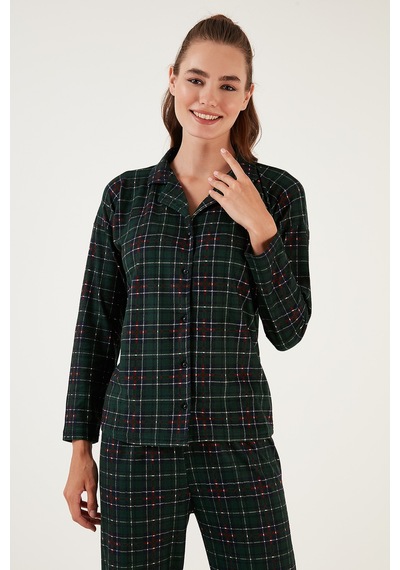 Lela Desenli Beli Lastikli Gömlek Yaka Dokuma Bayan Pijama Takımı 6095660W4 Yeşil