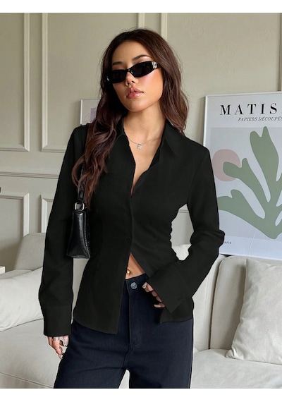 Kadın Arkası Bağcıklı Gömlek Slim Fit Günlük Ve Ofis Kombin Modern Tasarım Siyah