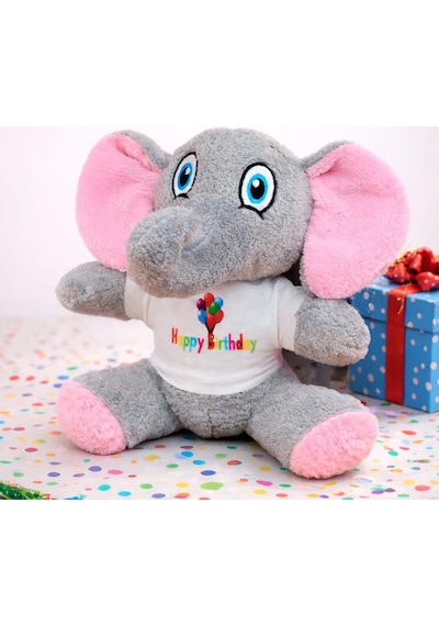 Happy Birthday Tişörtlü Peluş Oyuncak Fil Pembe