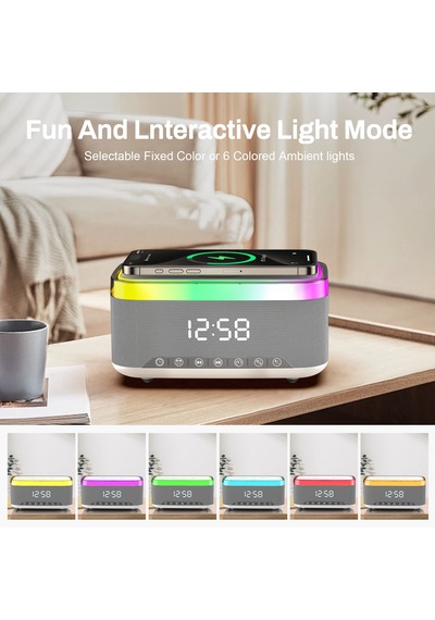 Rgb 13 Mod Led Işıklı Masa Üstü Bluetooth Speaker Masa Saati Alarmlı 15w Kablosuz Şarj Standlı