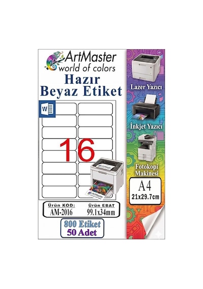 A4 Hazır Beyaz Etiket 99.1x34mm 50 Sayfa 1 Paket 16 Lı Kendinden Yapışkanlı Fotokopi Lazer İnkjet Kağıdı Yazıcılar İçin