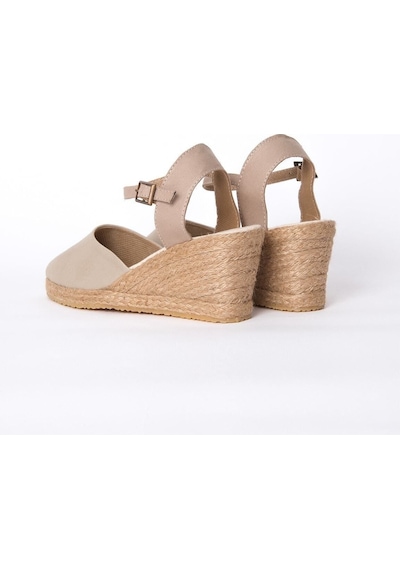 Star Tombis Gerçek Elişi Topuğu Açık Bilekten Bantlı Dolgu Topuk Bej Keten Hasır Espadril Handmade Bej