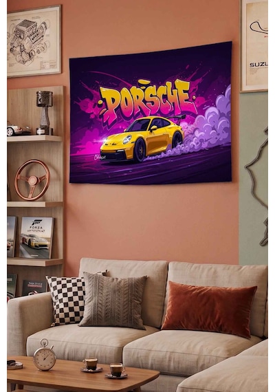 Porsche Sarı Spor Araba Graffiti Drift Dekoratif Duvar Örtüsü Duvar Halısı Beyaz