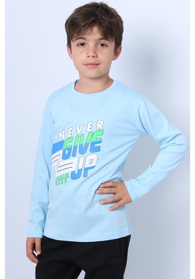 Hçm Erkek Çocuk Uzun Kollu Tshirt Never Give Up Baskılı Bisiklet Yaka D10 Turkuaz