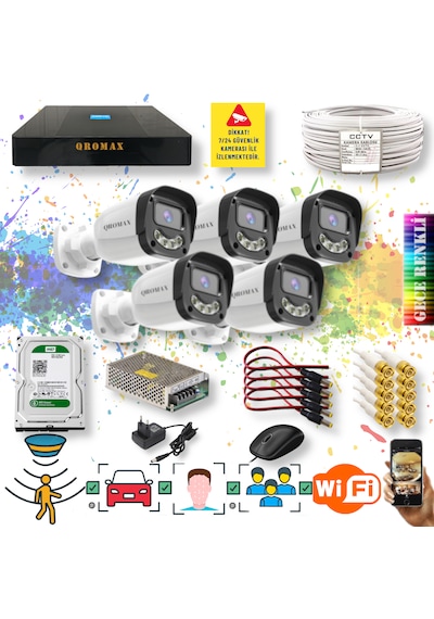 5 Kameralı Gece Renkli Hareket Algılamalı 4 Warm Ledli Set 2304w
