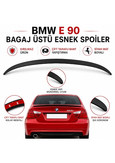 Bmw E90 3 Serisi 2005-2012 Model Uyumlu Bagaj Üstü Esnek Spoiler Siyah Mat Boyalı