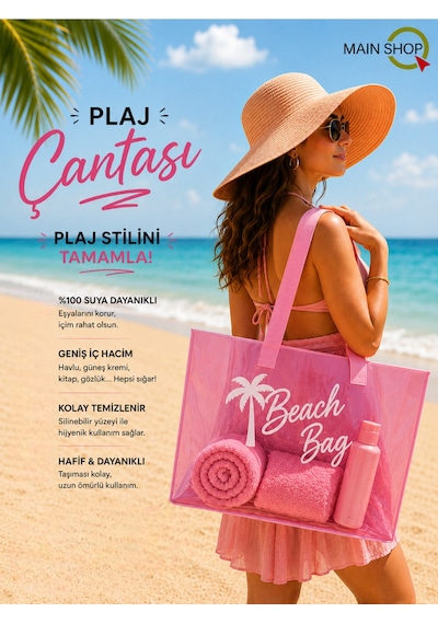 Mainshop Pembe Şeffaf Beach Bag Kadın Plaj Çantası Büyük Hacimli M-plj01