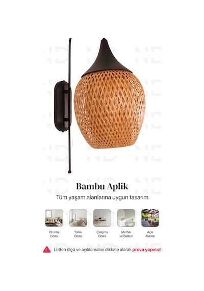 Boja Bambu Siyah Detay Aplik 25x25x60 Cm İskandinav, Modern, Bohem, Rattan, Aydınlatma Bej