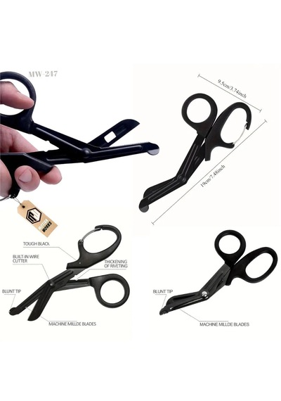 Taktik Süper Kesici Medikal Outdoor Askeri Av Tipi Karabinalı Makas Siyah Mw247