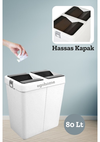 Mote Beyaz Ikili Çöp Kutusu Kovası Hassas Kapaklı Çift Kapaklı Beyaz 80 Lt