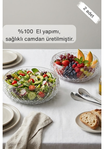 Selen Concept Kafes Model El Yapımı Orta Boy Cam Salata Kasesi 2'li Şeffaf