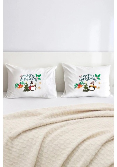 Yeni Yıl Mery Christmas Penguenler Pamuklu Çift Kişilik 50x70 cm Yastık Kılıfı Seti