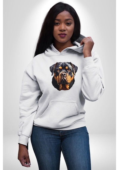 Rottweiler Kafası Kadın Erkek Beyaz Kapüşonlu Sweatshirt Hoodie Beyaz