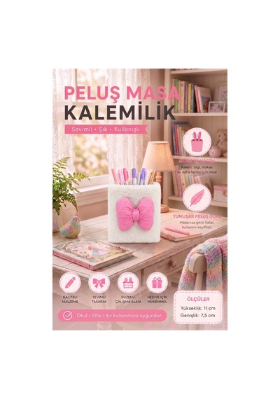 Pembe Masaüstü Peluş Kalemlik 1 Adet Pp-283 Renkli Masa Üstü Kalemlik Düzenleyici Plastik Ofis Büro Ev Çalışma Masası